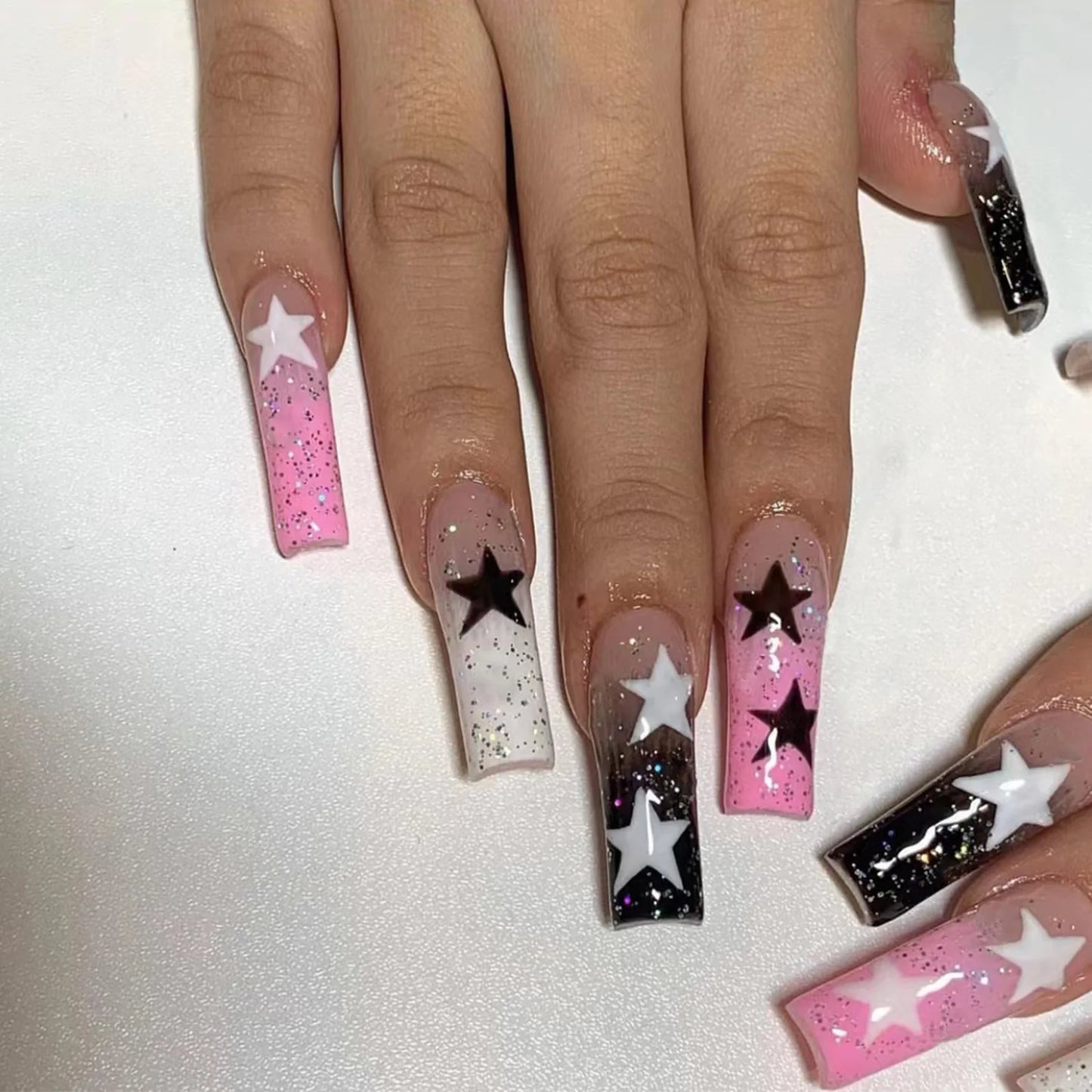 Black French Coffin Ballet Press on Nails Butterfly Pattern False Nails with Rhinestone Design Wearable Manicure Fake Nail Tips